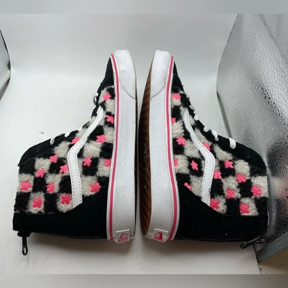 Vans Old Skool girls black white checkered floral hi sneakers size 5Y
